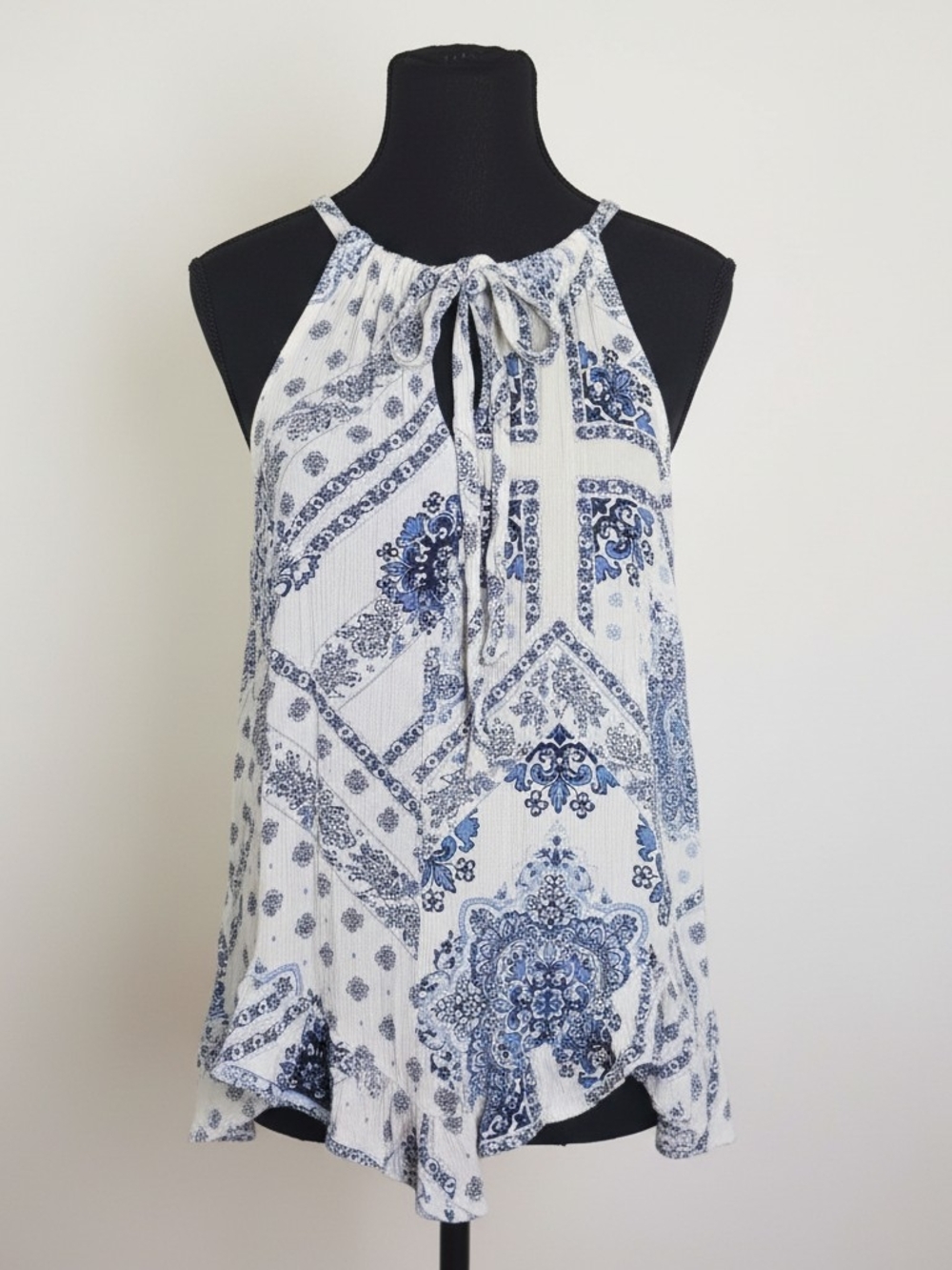 Maurices Boho Paisley Halter Top Navy Blue White Size L